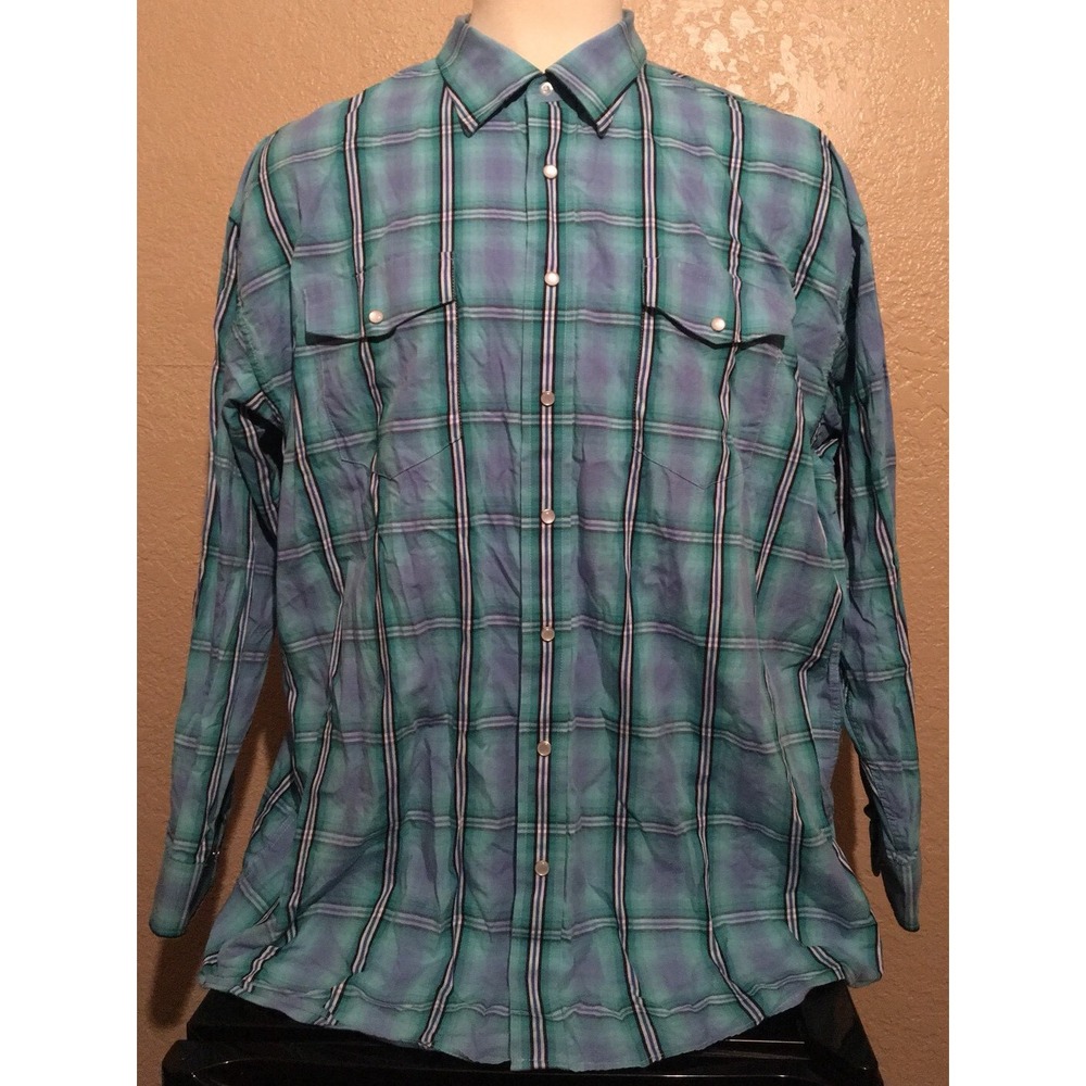Panhandle Slim Men's Size 2XL Cotton Pearl Snap Teal Plaid Long Sleeve Shirt XXL